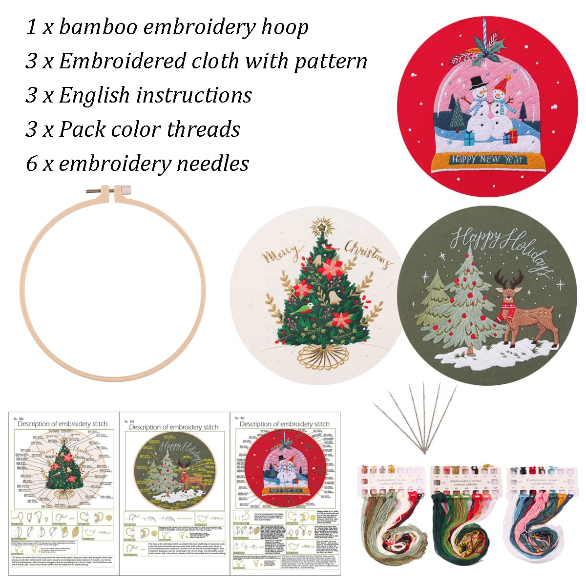 MeruniSkyBirds 3 Sets Embroidery Starter Kit with Christmas Pattern,Cross Stitch Set for Beginners, Full Range of Stamped Embroidery Kits with 3 Embroidery Pattern, Embroidery Hoops and Color Threads