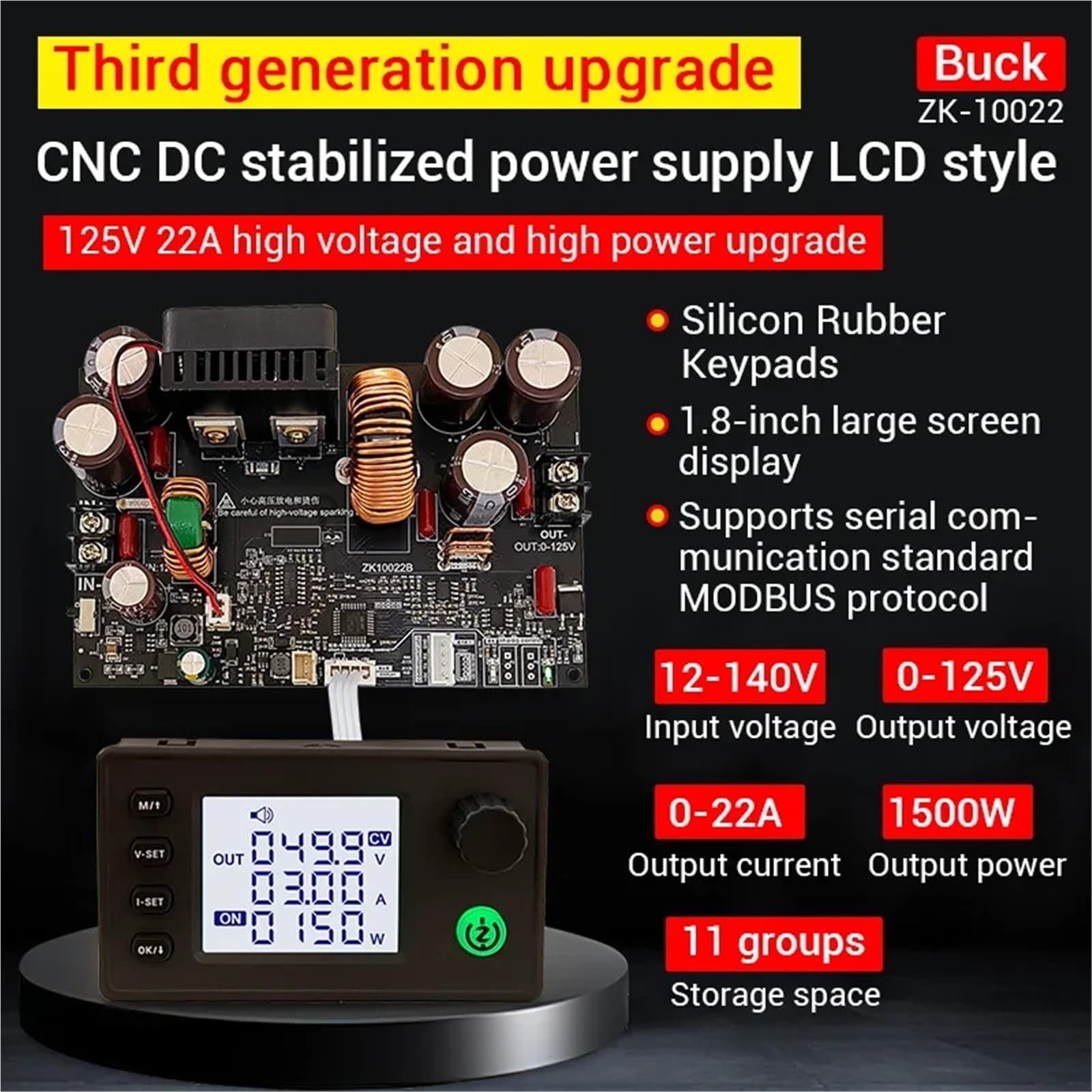 Zasilacz ZK-10022 CNC, regulowany i stabilizowany reduktor napięcia, 0-125 V, 22 A, 1500 W, moduł prądu stałego i stałego napięcia. (10022C-kolorowy ekran)
