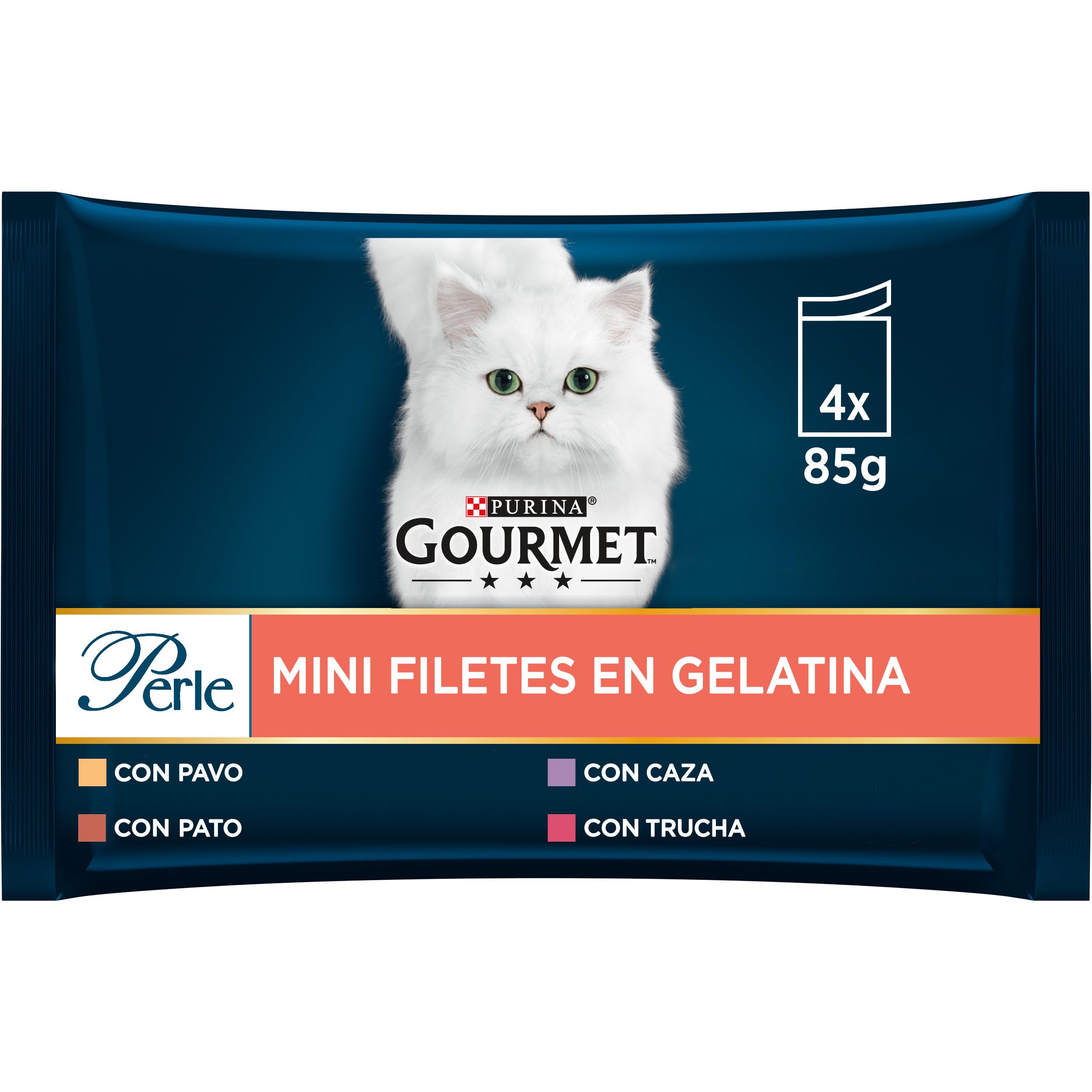 Gourmet Purina Perle Mini Filetes en Gelatina, Comida Húmeda para Gato con Pato, Trucha, Caza y Pavo, 12 Paquetes de 4 Sobres 85g - 48