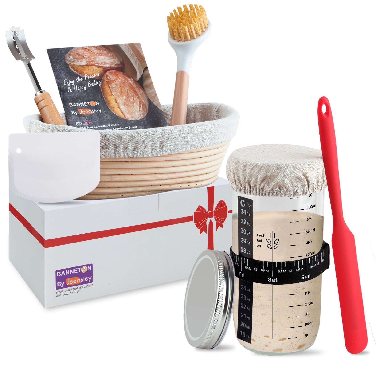 Jeensley Banneton Oval Proofing Basket Set with 2026 Leaflet, Liner and Sourdough Starter Jar Bread Making Tools Bread Making Supplies