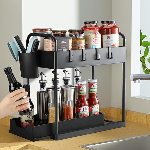 Miniatura 2 de ORDORA Easy SLIDE - Organizador de baño para debajo del fregadero con taza para colgar 4 ganchos organizadores de cocina multiusos para gabinete