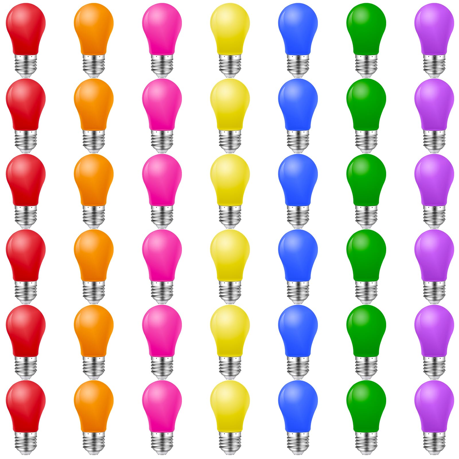 Lot de 42 Ampoules Couleur E27,2W Ampoule Couleur E27 LED, pour Guirlandes Lumineuses,E27 Ampoules Colorées à l’Extérieur,Fête,Décoration,Rouge Vert Bleu Orange Jaune Rose Violet
