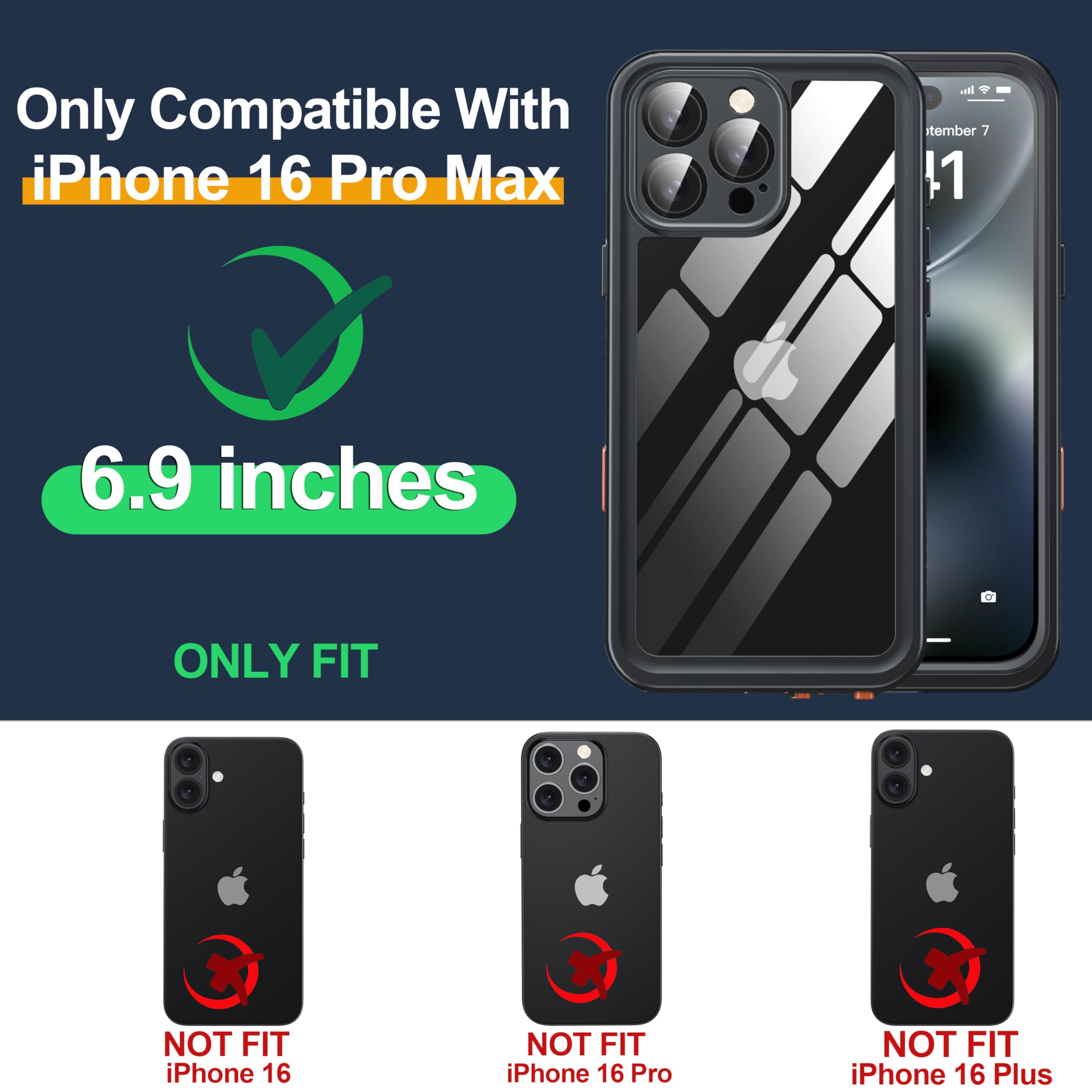 Funda impermeable para iPhone 16 Pro Max, pantalla de privacidad integrada y pantalla HD, marco frontal doble [IP68 bajo el agua] a prueba de golpes y polvo, protección completa para