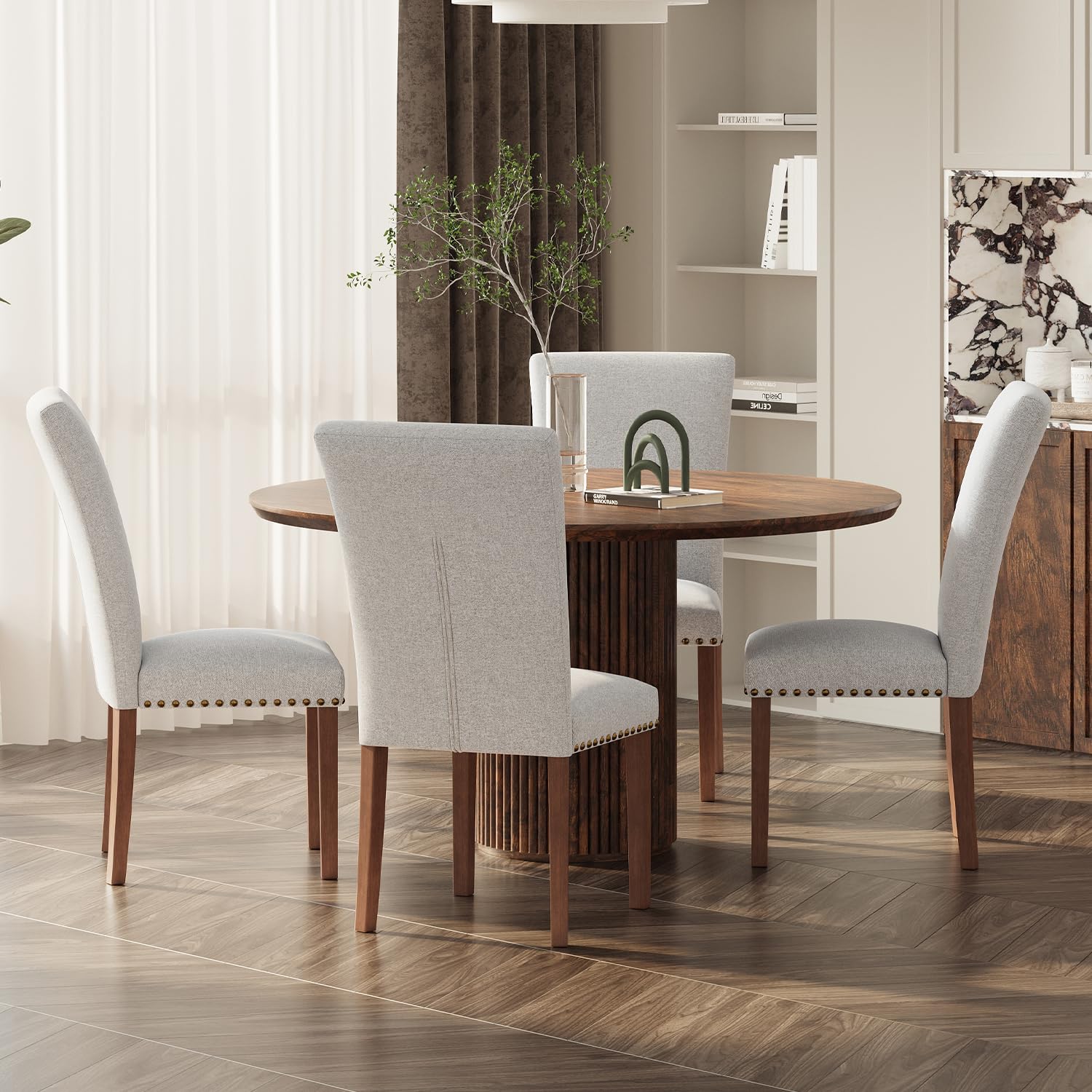 Stylish Dining Chairs Set of 4, Upholstered Parsons Dining Room Chair with Nailhead Trim, Kitchen Room Chair with Thick Cushions and Wood Legs, Light Grey