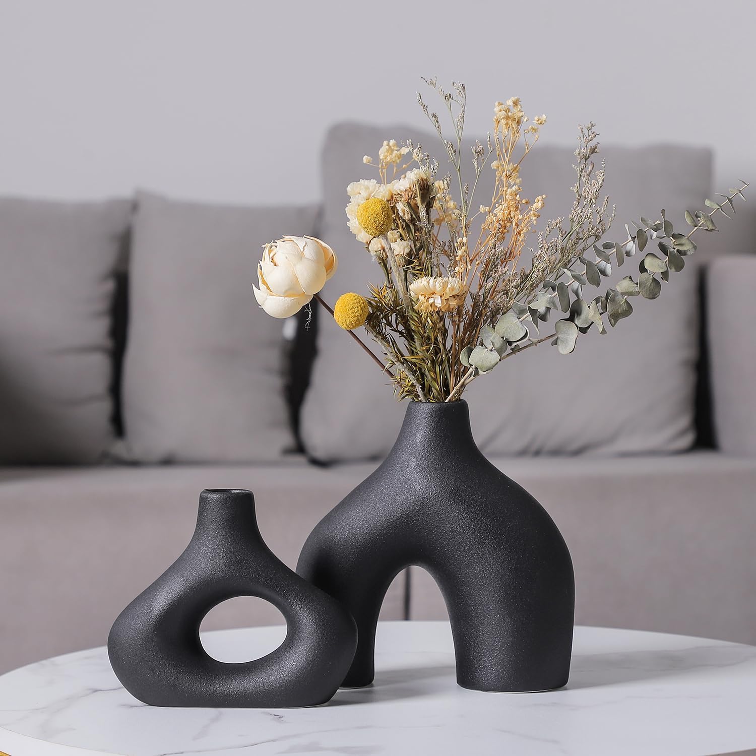SIHIYA LIFE Set of 2 Mix Shape Ceramic Vases - Black | Decorative Pieces for Home Decor,Office,Garden,Patio, Living Room Centerpiece Vases for Flower Arrangements, Gifting