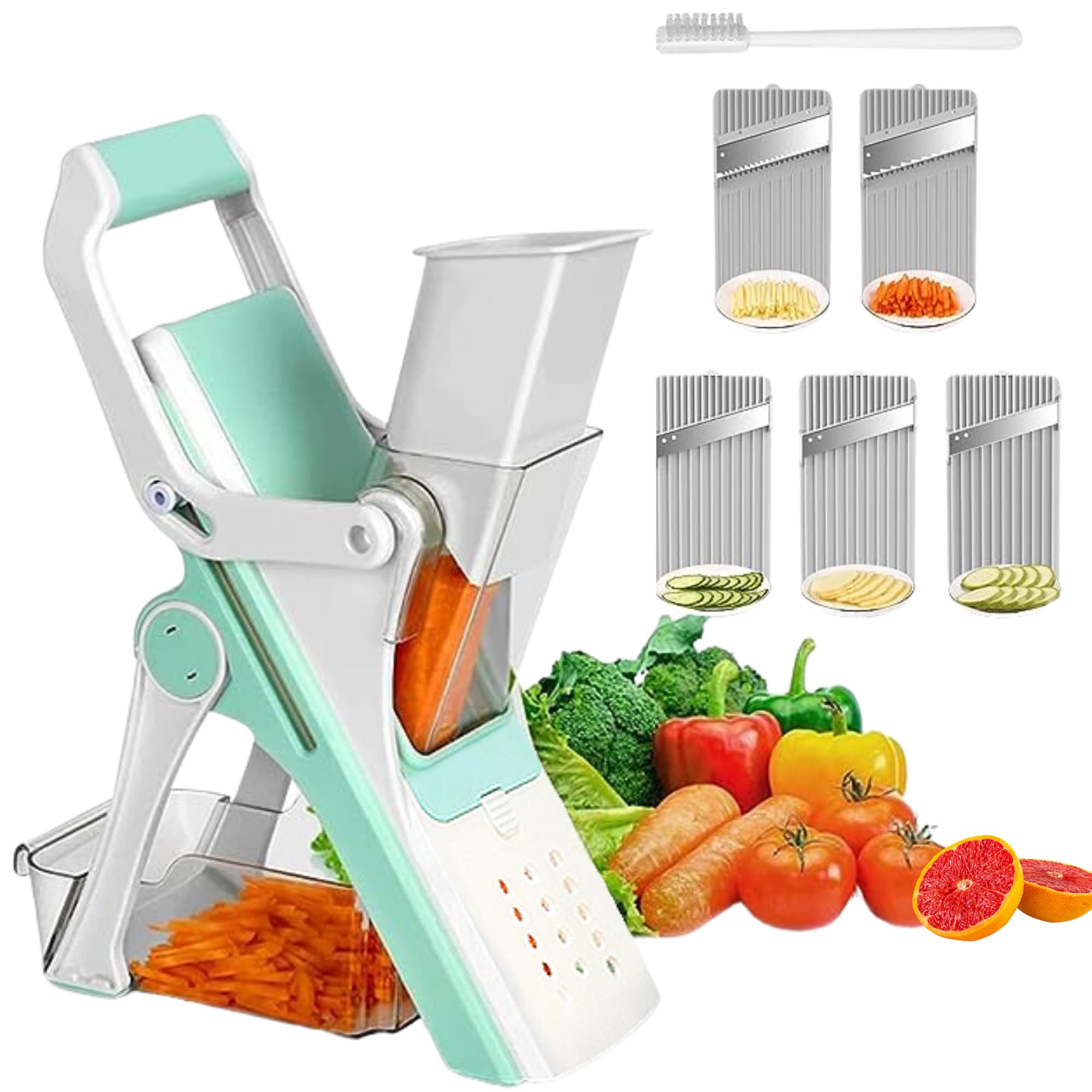 MAGIC SELECTVertical Mandolin with Protection, Fruit Cutter with 5 Blades and Scrubber with Cleaning Brush Included