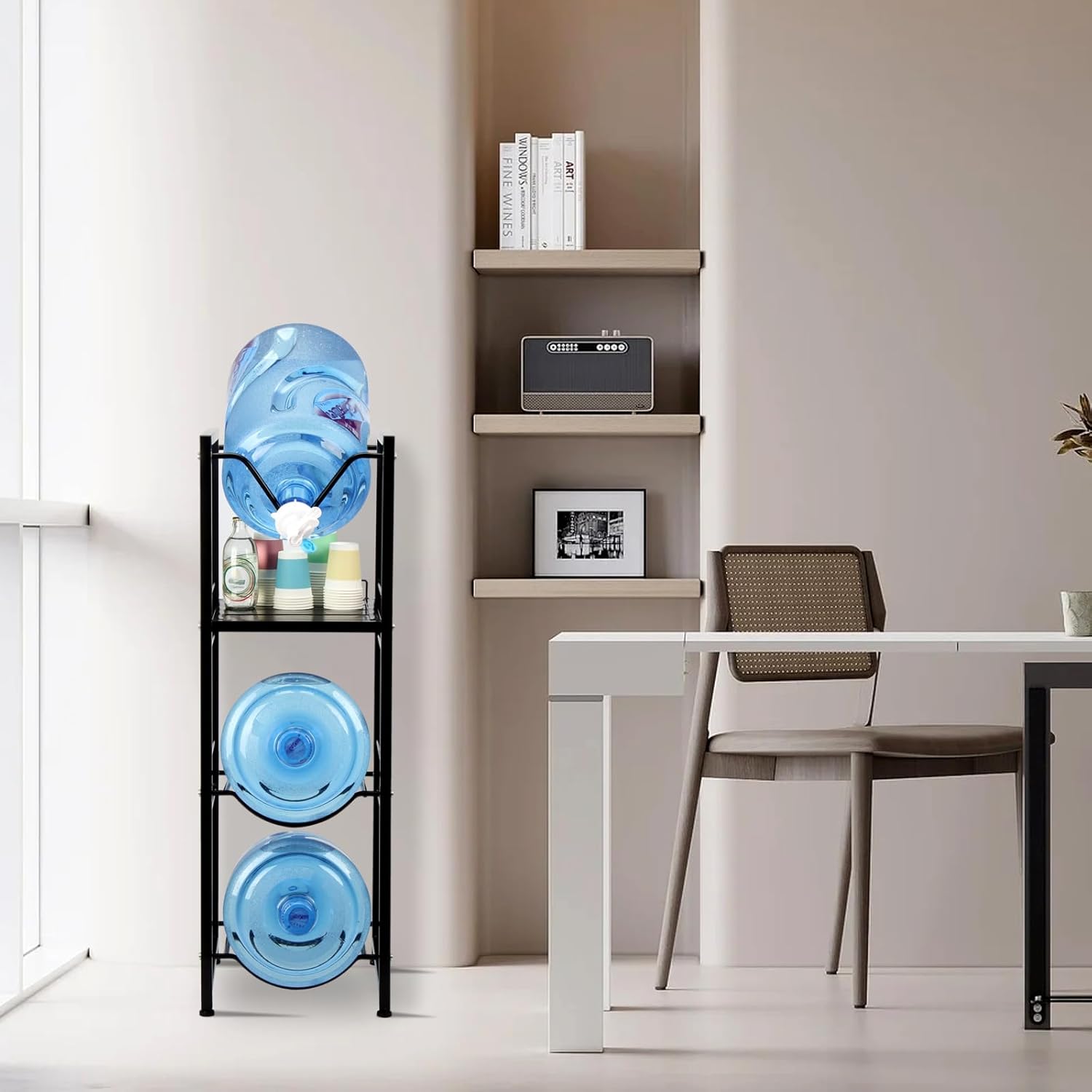 5 Gallon Pour Jug Holder for 3 Bottles with Spigot Storage Shelf, 4 Tier Heavy Duty Water Dispenser Stand, Bottle Rack Organizer for Home, Kitchen, Office, Living Room, Black