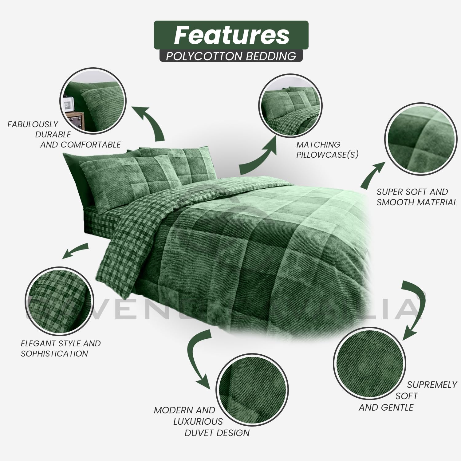 GC GAVENO CAVAILIA Checkered Duvet Cover King Size (230cm x 220cm) | Polycotton Bedding Sets King Size | Washable Linen | Green - Image 2