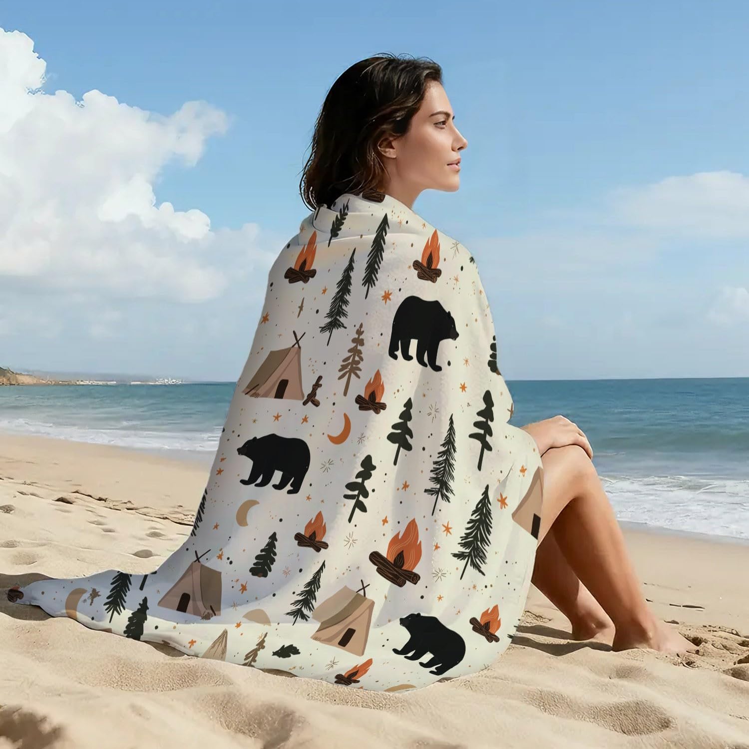 Serviette de Plage Microfibre Vintage Rustique, Drap de Plage Campagne Aventure Cocooning Silhouette Tente Ours Séchage Rapide Anti Sable & Légère, Serviette de Bain 200 cm x 100 cm Accessoire