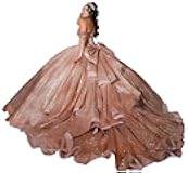 Glitter Tulle Quinceanera Dresses with Bow Ruffle Layered Sweet 16 Dress with Train Off Shoulder Bead Ball Gowns