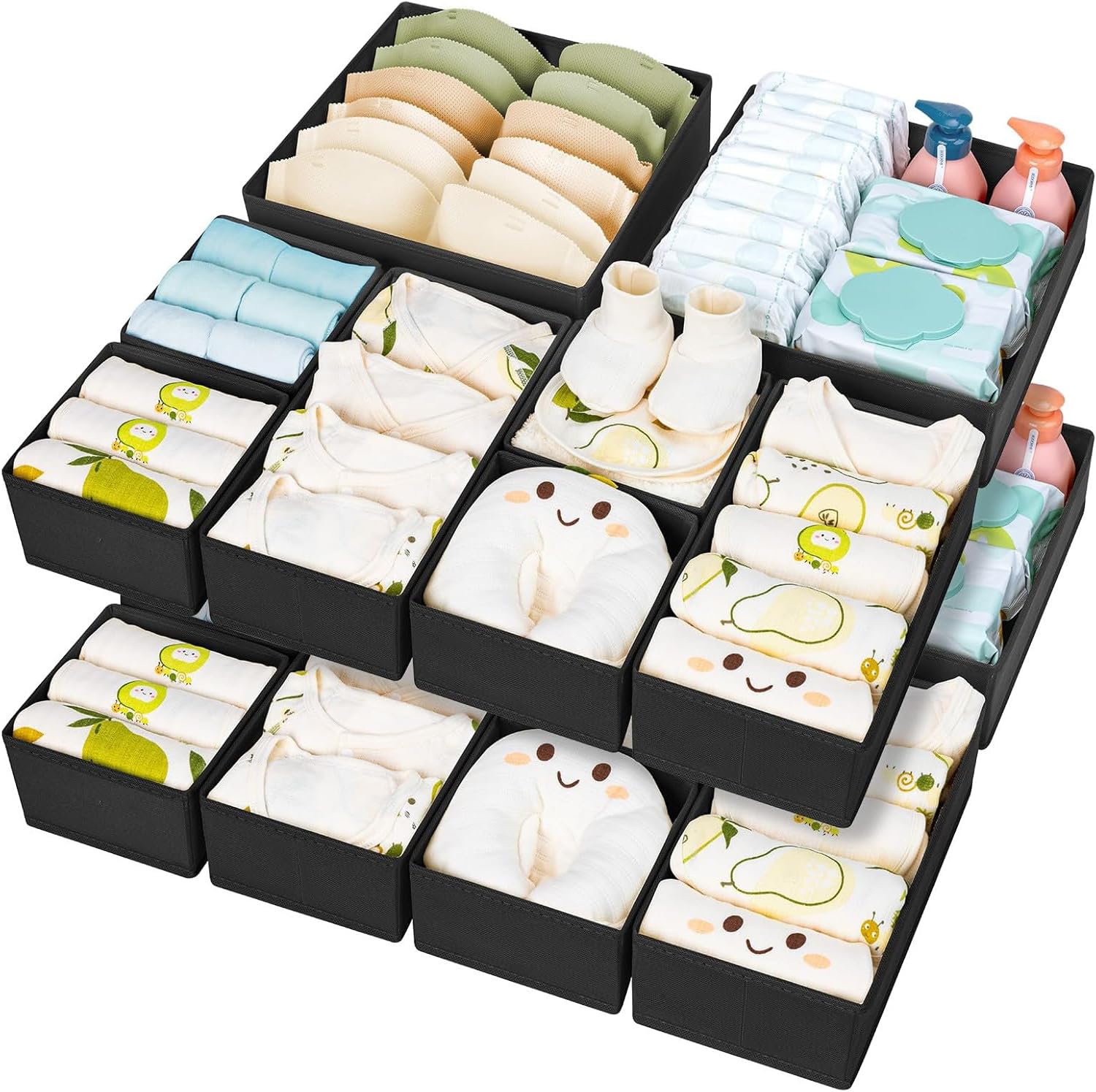 DIMJ Schubladen Organizer Kleidung Baby- 15er Set Faltbare Unterwäsche Kleiderschrank Organizer, Aufbewahrungsbox Stoff Schubladen Ordnungssystem für Hosen, Kleidung, Socken, Schwarz