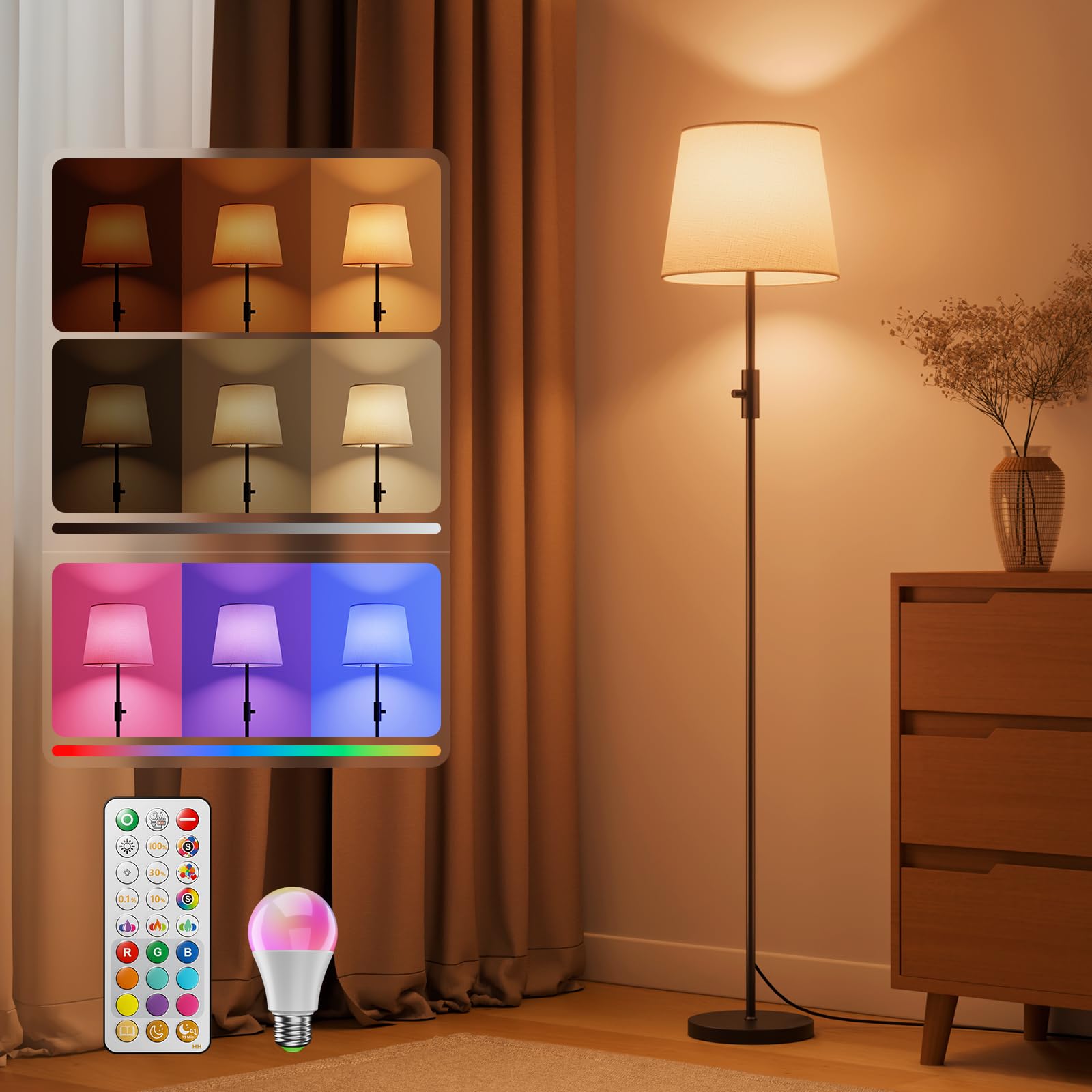 Lampada da Terra Salotto, LED Piantana Lampada da Terra per Dimmerabile con Bulbo 1200lm 10W RGBCW Lampade da Terra Paralume Moderna Nera per Camera, Ufficio, Bambini Stehleuchte