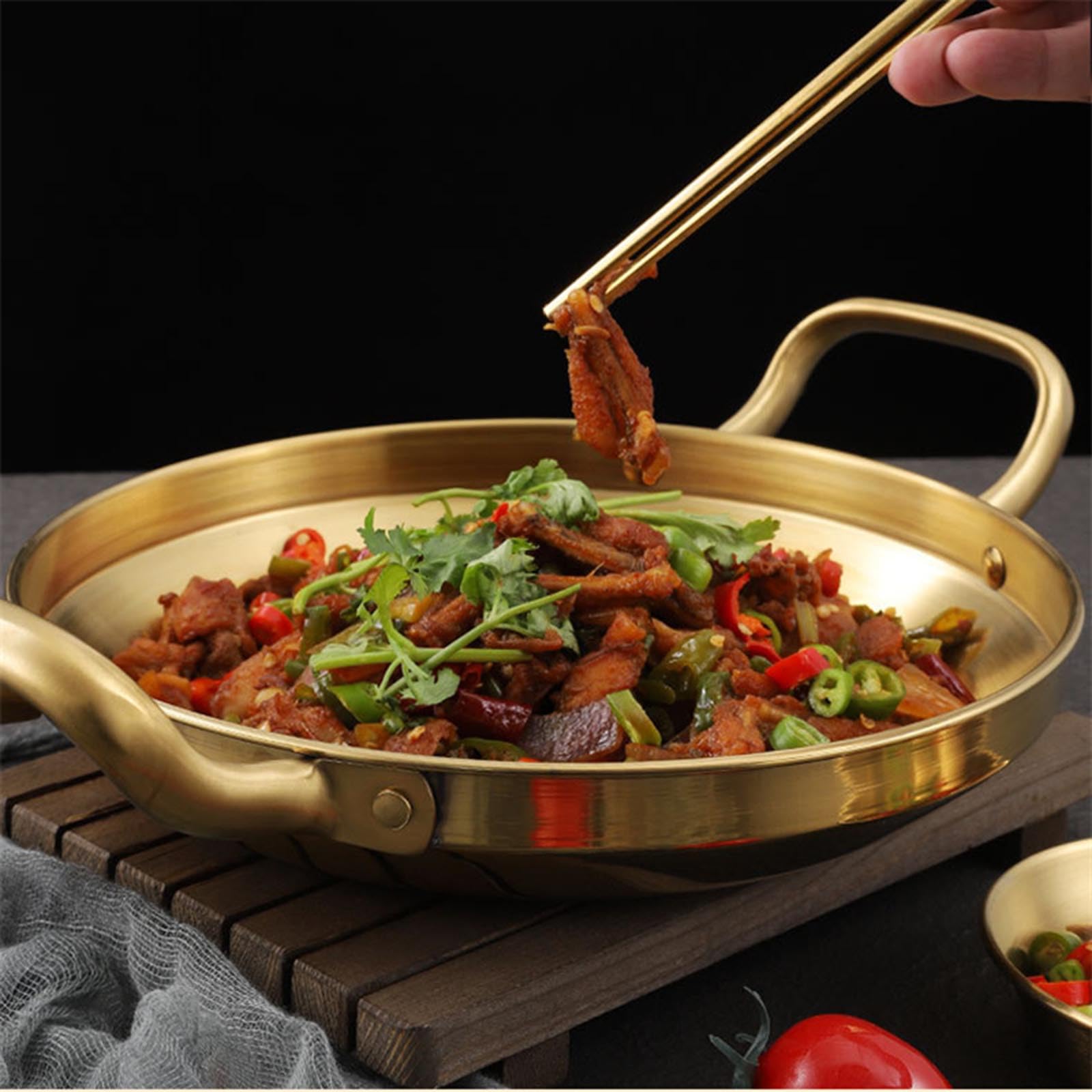 Paella de Acero Inoxidable, Olla de arroz para mariscos, Cocina casera, Platos de Aperitivos para Picnic, Utensilios de Cocina, Cacerola, ollas secas con asa para Cocina,Oro,28cm