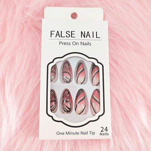 Miniatura 67 de Uñas postizas medianas a presión con lazos 3D, diseño de diamantes de imitación, punta francesa, pegamento brillante en las uñas acrílicas blancas