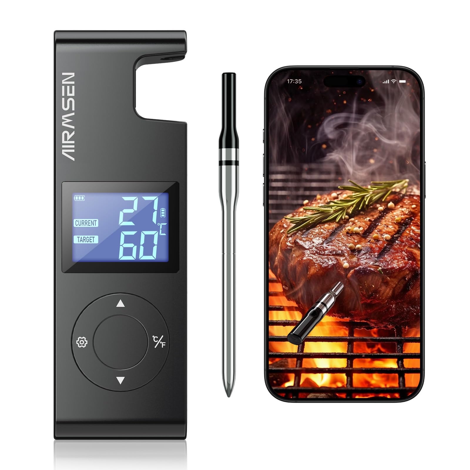 AIRMSEN Kabelloses Fleischthermometer Grillthermometer Bluetooth mit Hitzebeständigem Keramikgriff & LCD-Display 150m Fernüberwachung, Bluetooth 5.4 Smart-App-Steuerung für Räuchern BBQ - 1000mAh Akku
