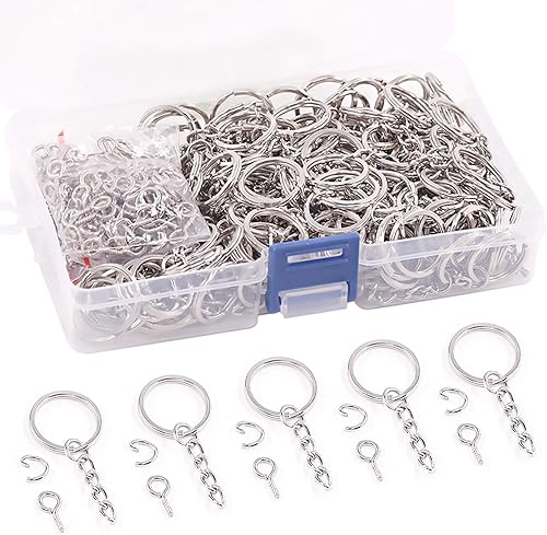 Rustark Juego de 450 llaveros planos plateados con cadena, 150 anillos de llavero abiertos a granel y 150 tornillos en estuche para manualidades (1