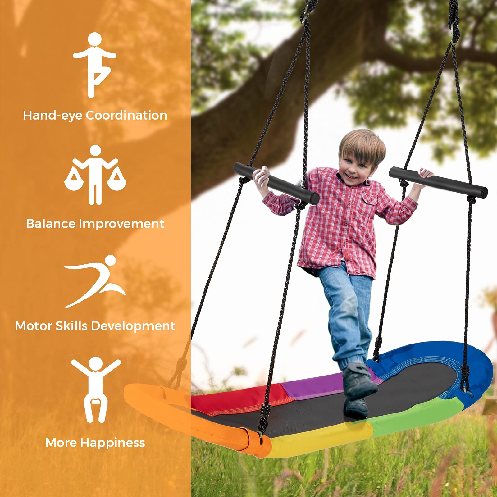 RELAX4LIFE Columpio Nido con Altura Regulable 100-160cm, Columpio Exterior con Reposabrazos y Marco de Acero para Niños y Adultos, Columpio Jardín con 4 Lazos, Carga 150kg (Multicolor)