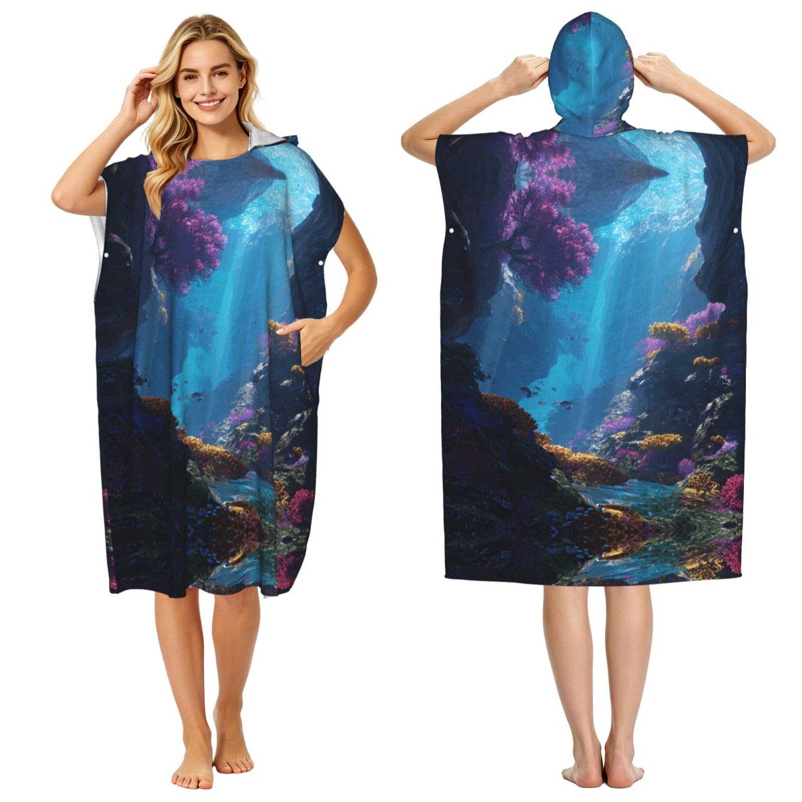 ESNAIUVCD Reef Scenery Print Changing Robe, Hooded Towel Poncho For Swimming Pool, Beach,Quick Dry Light Weight Towelling Poncho