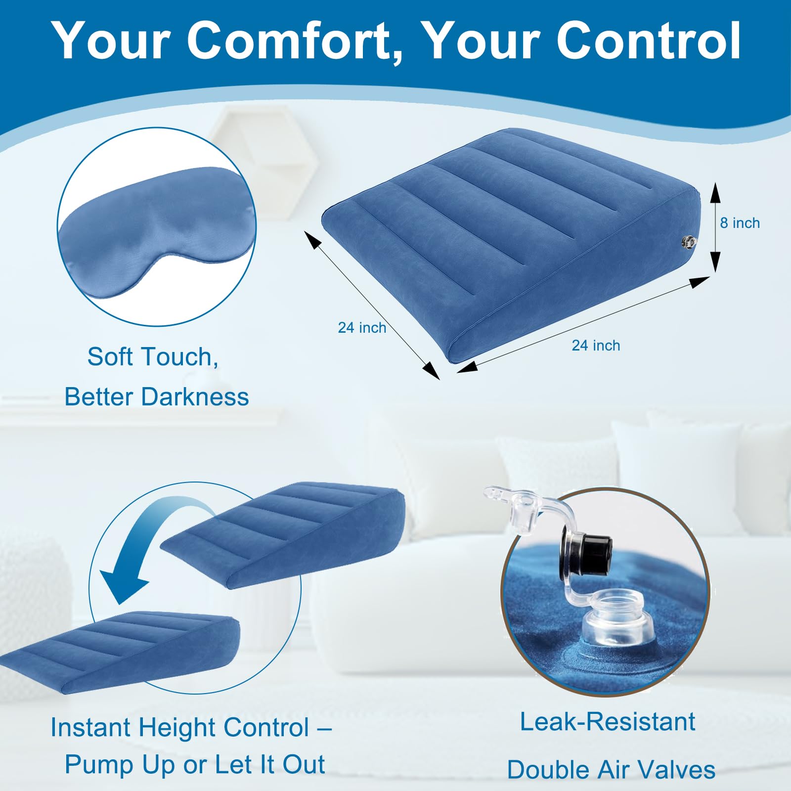 Coussin cale gonflable portable avec masque de sommeil – Cale de matelas pour anti-ronflement, coussin anti-reflux pour lit et canapé, coussin cale de lit pour sommeil, repos, cale de lit pour tête de