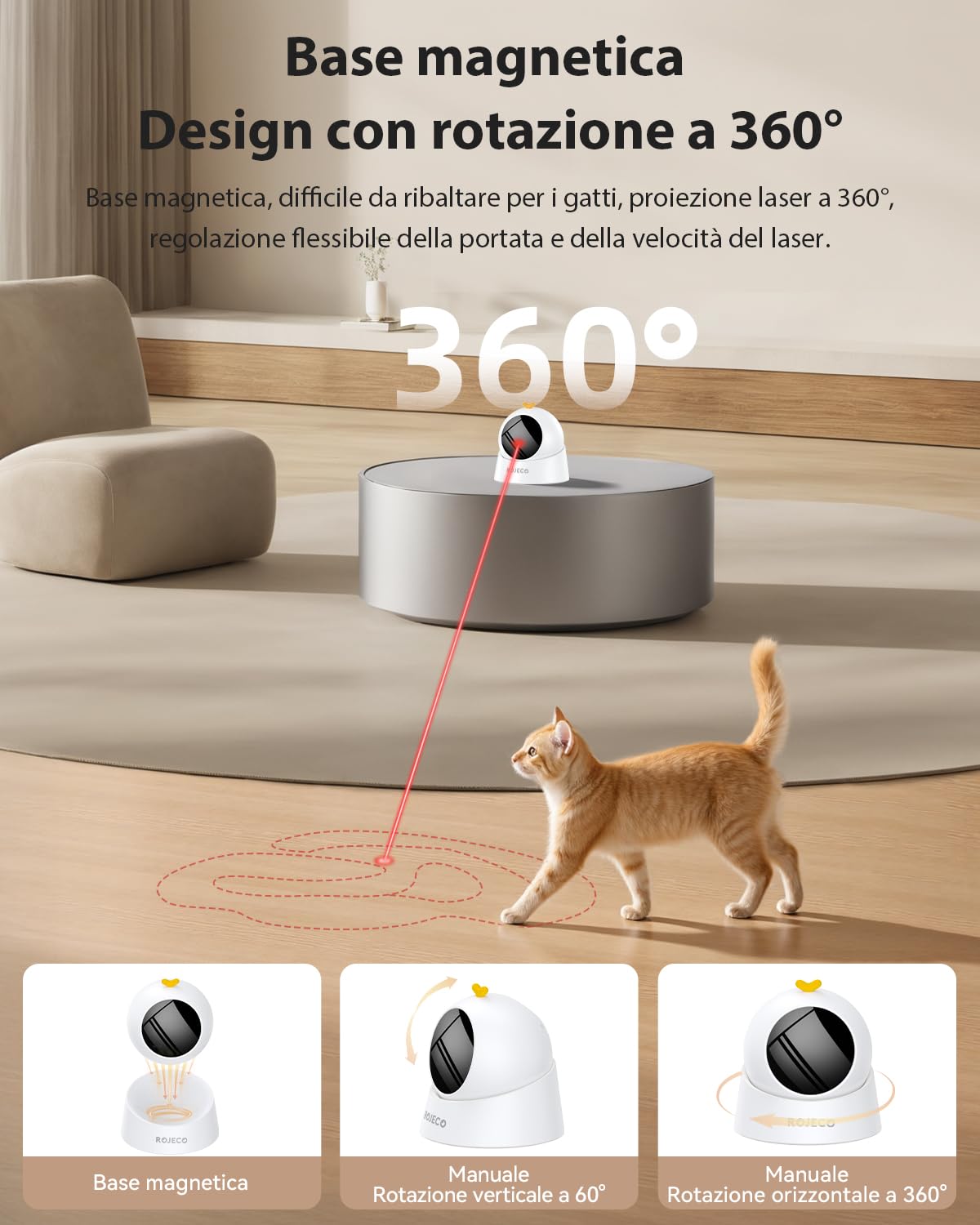 ROJECO Giocattolo per gatti, giocattolo automatico ricaricabile con batteria da 1000 mAh, base magnetica a 360°, modalità sleep automatica e 3 velocità, giocattoli per gatti e gattini da appartamento
