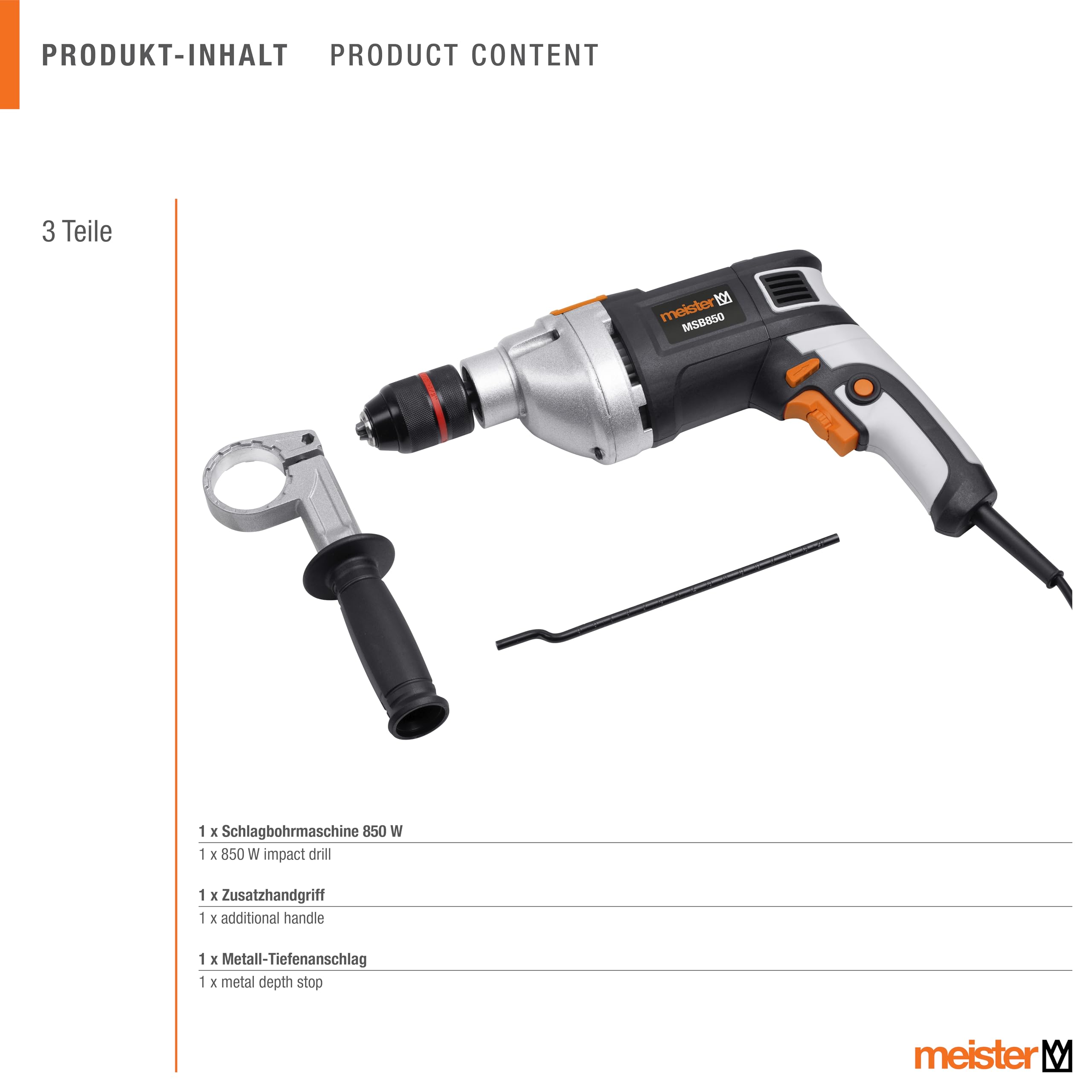 Meister Trapano a percussione 850 W, MSB850 – Mandrino a sgancio rapido – Preselezione della velocità – Impugnatura aggiuntiva & arresto di profondità/martello/trapano/trapano a percussione per legno,