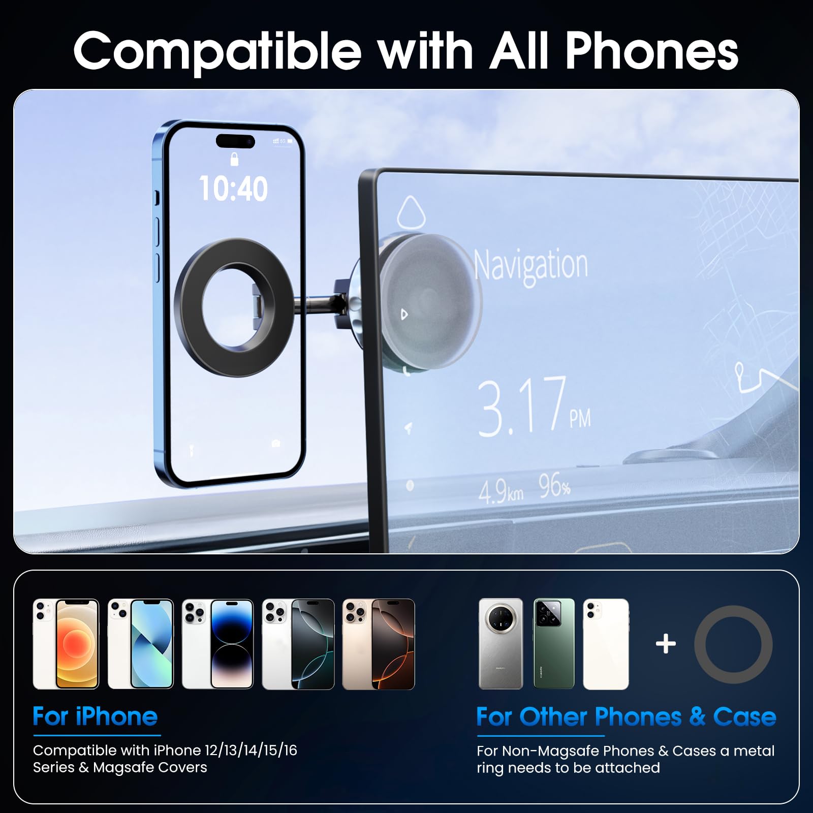 maxtachi Porta Telefono Auto Magnetico con Ventosa a Vuoto, 22*N55 Magneti Forte Supporto Telefono Auto, Girevole a 360°, Pieghevole, Universale Porta Cellulare Ventosa per Parabrezza, Cruscotto