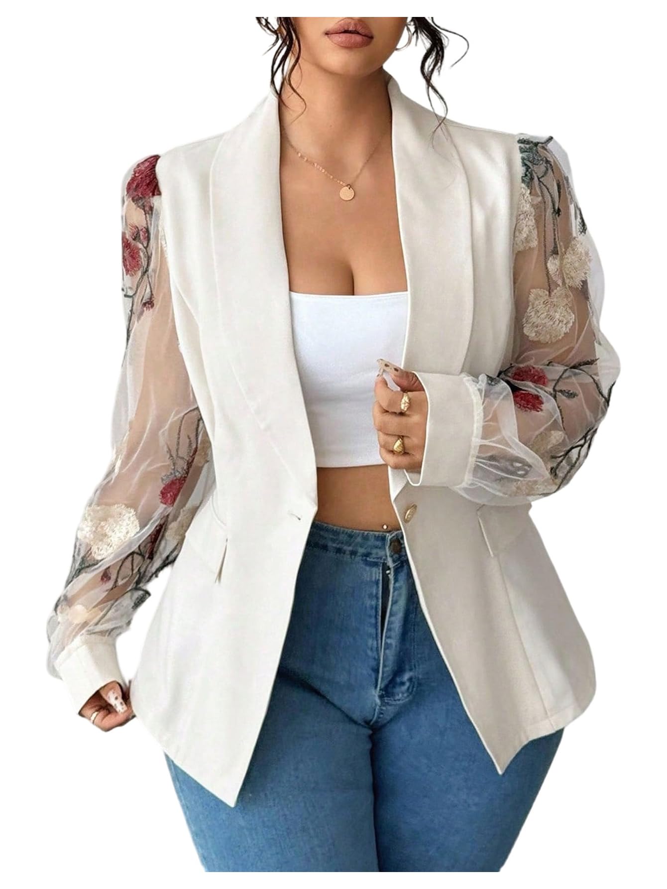 Floerns Womens Plus Size Floral Mesh Blazer Jacket Button Down Long Sleeve Business Casual Outfit