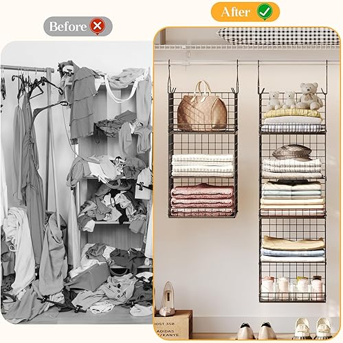 Miniatura 9 de Organizador colgante de armario de 5 niveles y estantes colgantes separables con 4 ganchos, 2 divisores ajustables, cestas de almacenamiento de