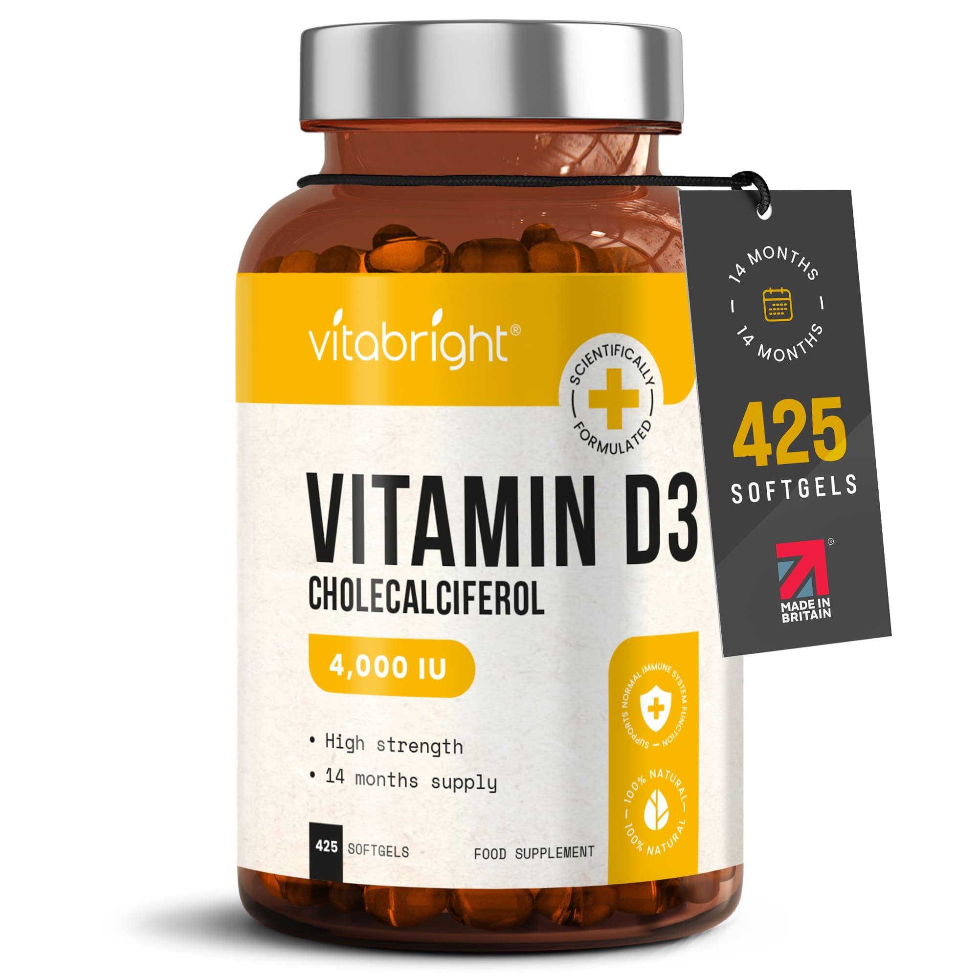 Vitamin D3 4000 IU Daily | 425 Softgels - 14 Month Supply | High Strength Vitamin D Tablets | Sugar-Free Softgels, NOT VIT D Gummies | VitaBright VIT D3 Supplements for Women & Men