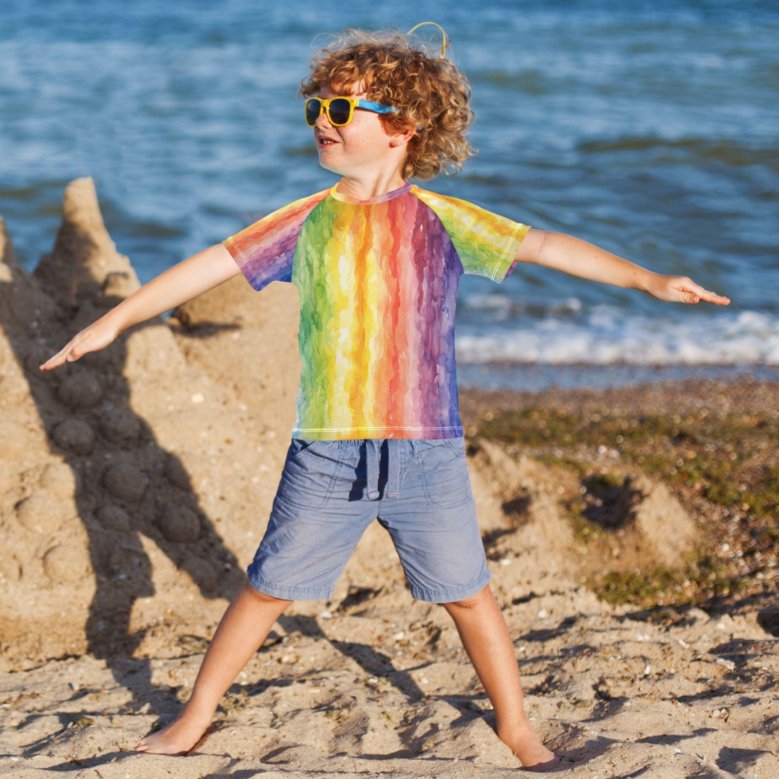 Boys Sun Shirts UV Protection Short Sleeve Rash Guard Swim Shirt Rainbow Water Shirt Rashguard 11-12T,7