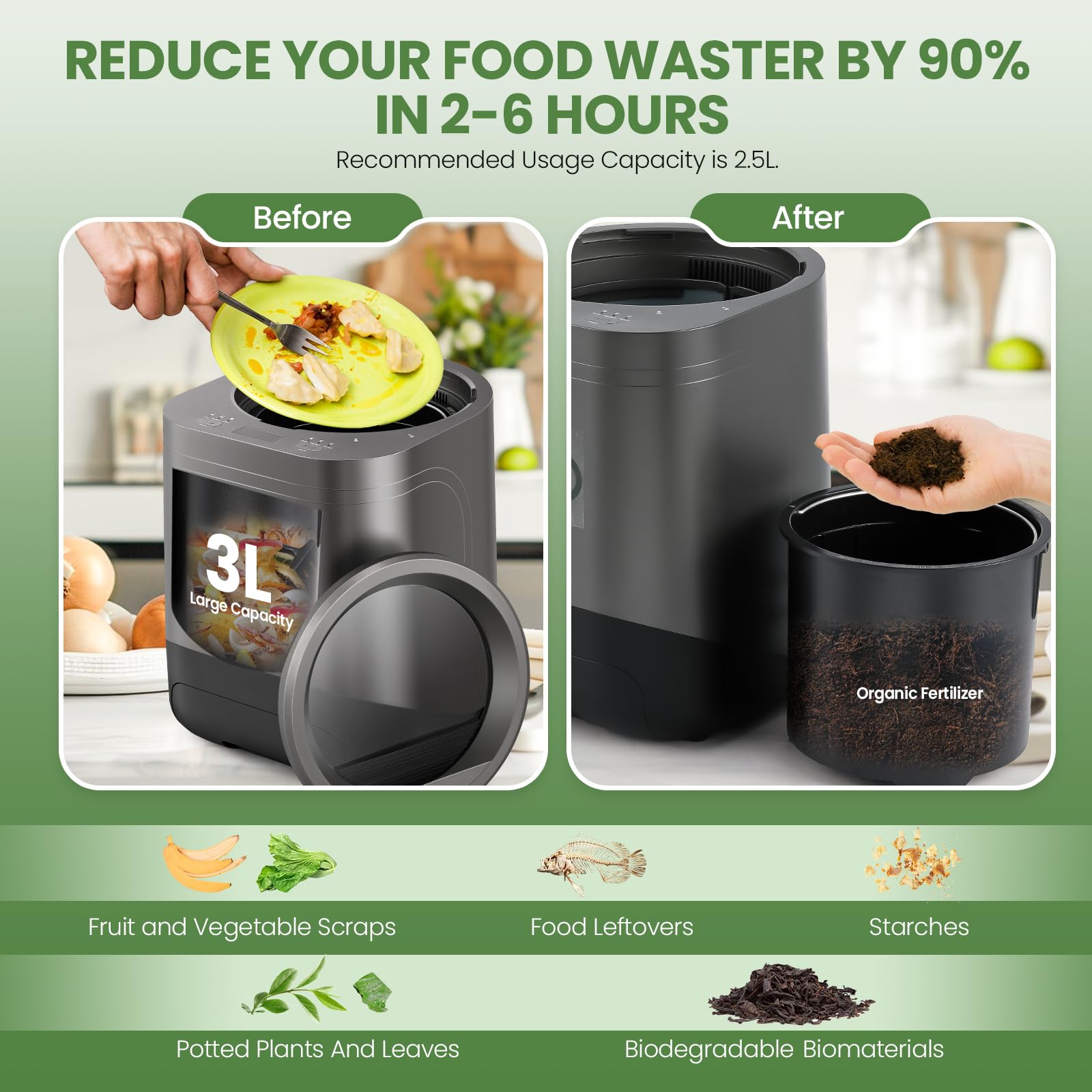 Huanyu Elektronischer Komposter Elektrischer Küchen Komposter mit Sichtbarem Fenster 3L Food Cycler Automatischer Komposter