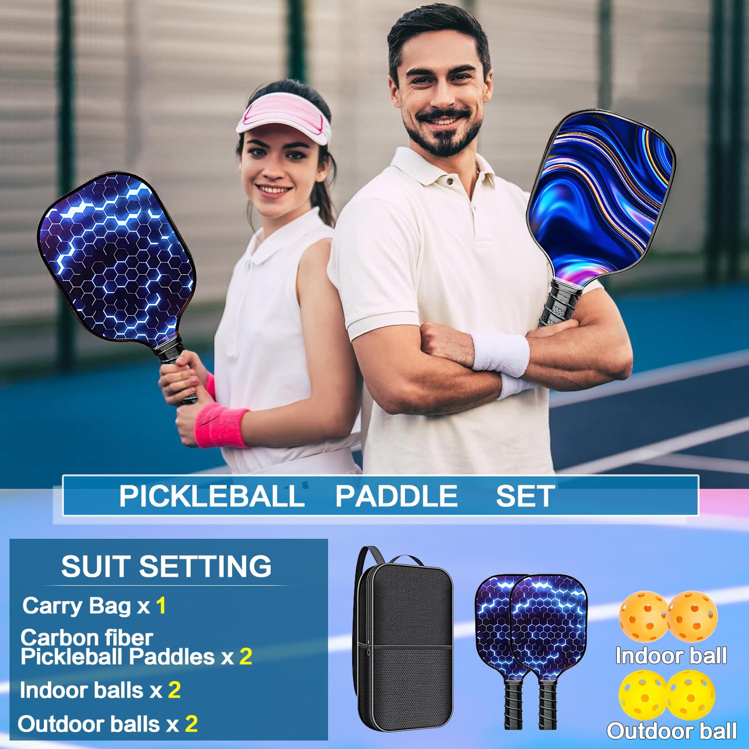 Set di 2 racchette da pickleball in fibra di vetro per principianti, approvate USAPA in fibra di carbonio, confezione da 2 racchette per sottaceti per esterni e interni