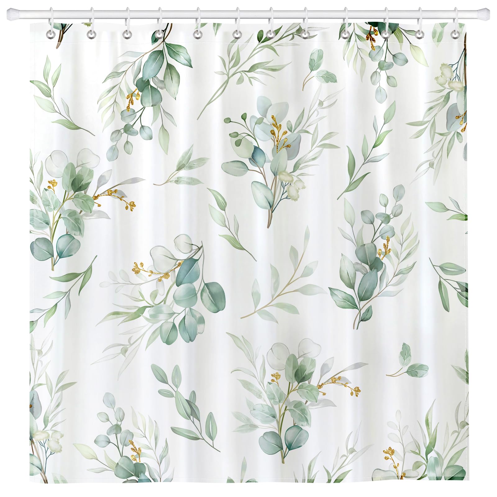 Arquiel Eucalyptus Shower Curtain Sets, Waterproof Polyester Spring Summer Fabric Shower Curtains with 12 Hooks for Bathroom Home Decoration, 182 x 182 cm (72 × 72 Inch) Washable Bath Decor