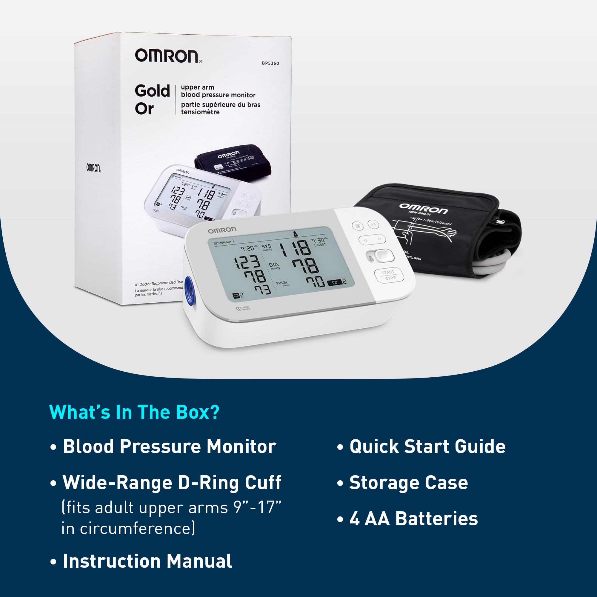 OMRON Gold Blood Pressure Monitor, Premium Upper Arm Cuff, Digital Bluetooth Blood Pressure Machine, Stores Up to 120 Readings for Two Users (60 Readings Each)
