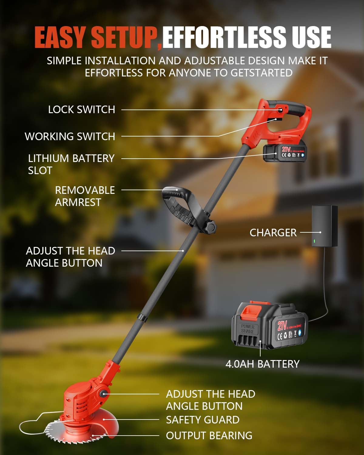 Débroussailleuse Electrique sans Fil, 850W Débroussailleuse Batterie Brushless, avec 2 Batteries 4.0Ah et 4 Lames, Coupe Bordure sans Fil avec Batterie pour tondre Le Jardin et la pelouse (Rouge)