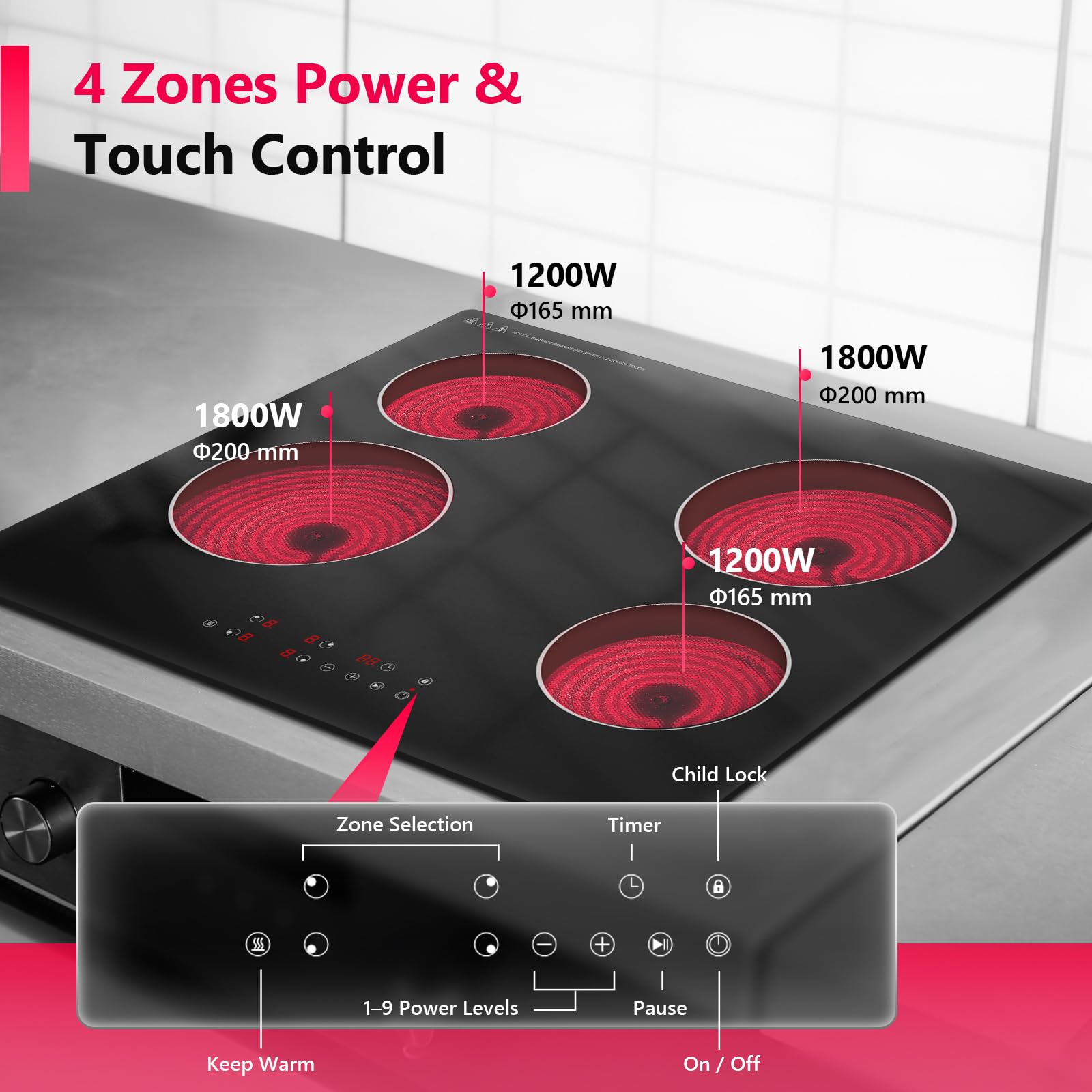 Alemania Płyta Ceramiczna 4 Strefy 60 cm, Sterowanie Dotykowe, Wbudowana Płyta Grzejna na Podczerwień 6000W 230V