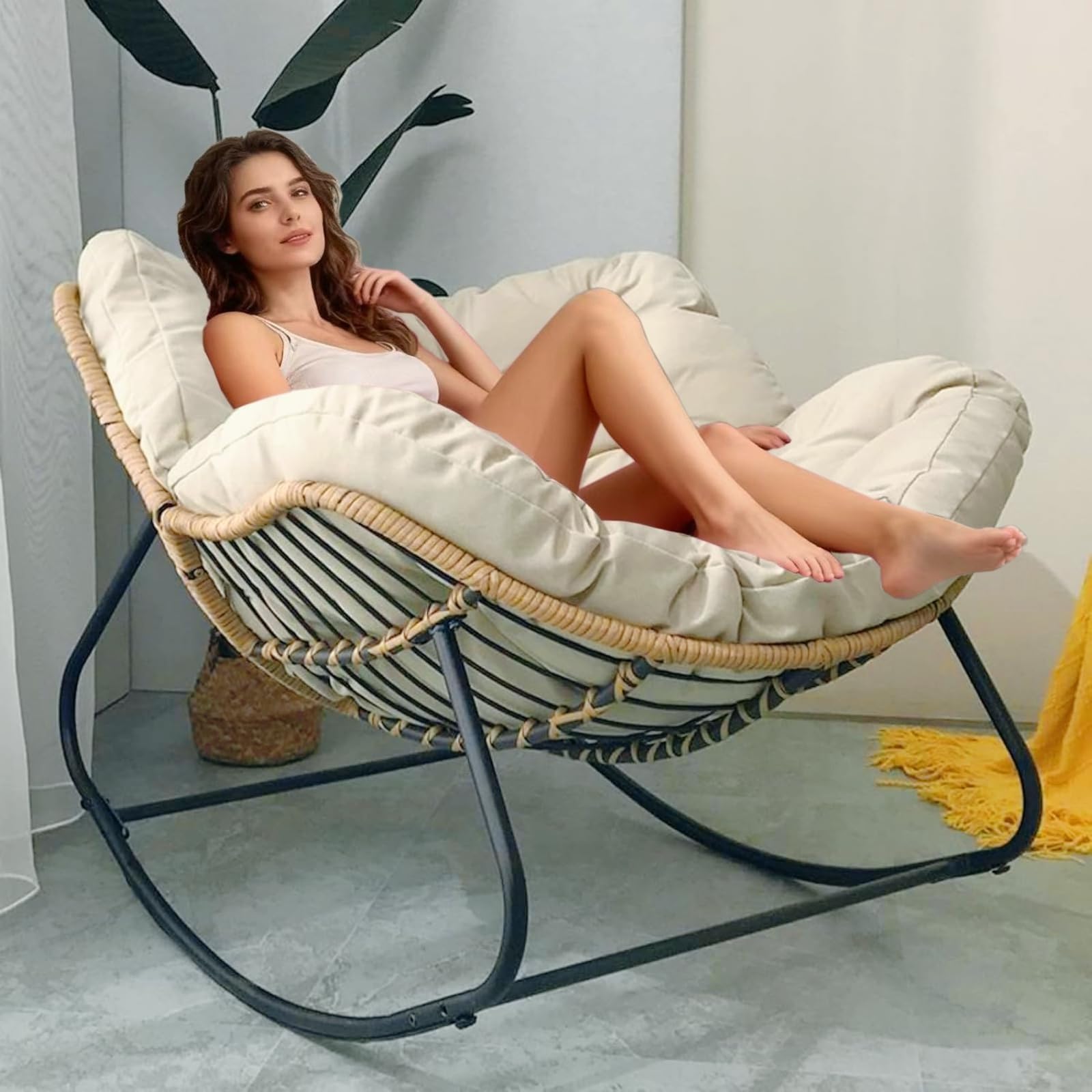 Sedia a Dondolo da Giardino Gigante per Adulti, Comode Sedie Papasan in Vimini, Sedia a Uovo per Esterni, con Morbido Cuscino Spesso per Interni, Grande, Patio, Soggiorno, Camera da Letto