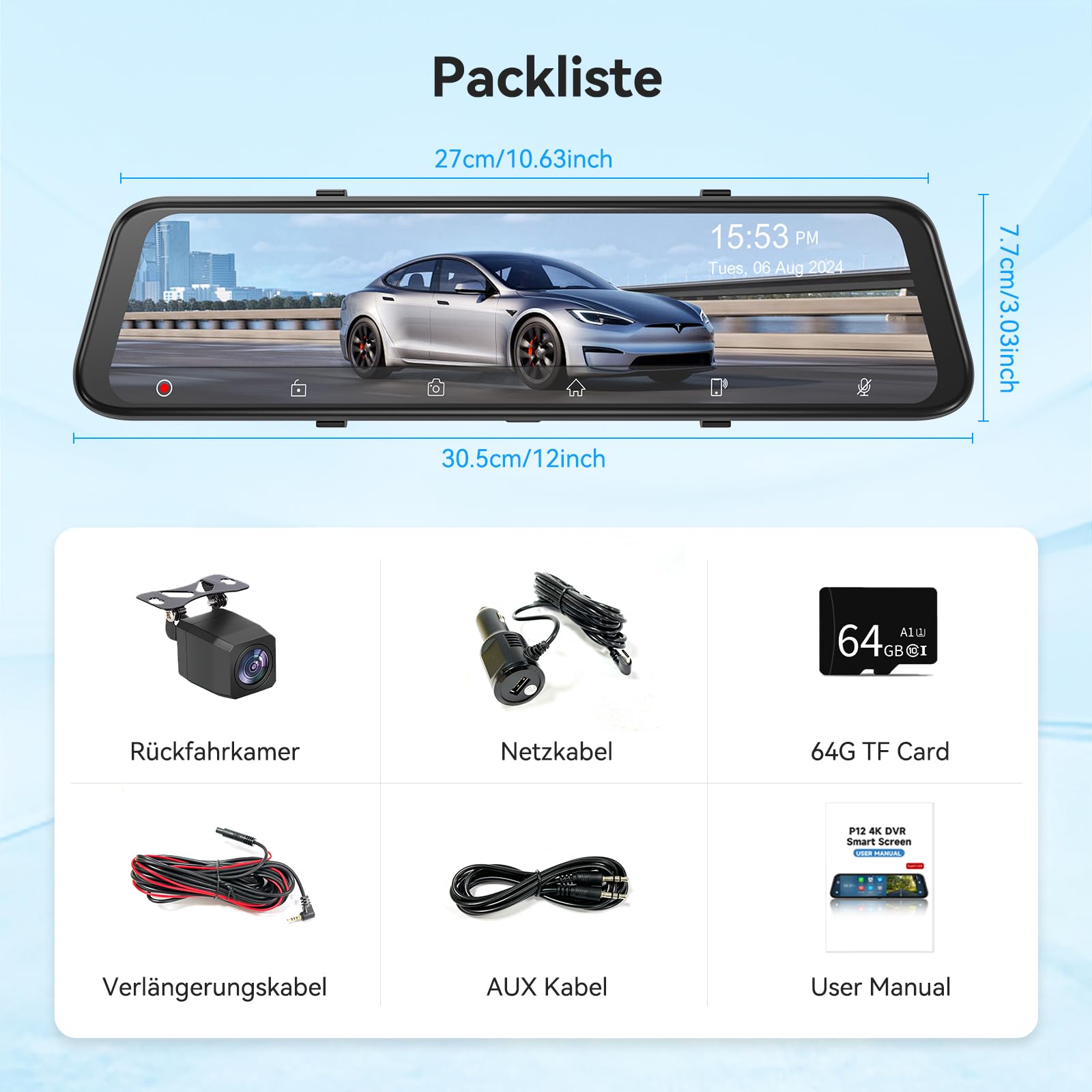 Herilary 12 Zoll 4K Rückfahrkamera Spiegel mit Wireless Android Auto CarPlay, Dashcam Spiegel mit G-Sensor, Loop-Aufnahme, Einparkhilfe, Bluetooth, Mirror Link, AUX, SD-Karte, WDR, HD Touchscreen