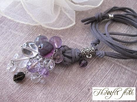 flower storm レザーネックレス 大玉フローライト、大玉水晶など4種14石の天然石が輝く革紐ロングネックレス ケース付(アメトリン  パワーストーン 半貴石 )