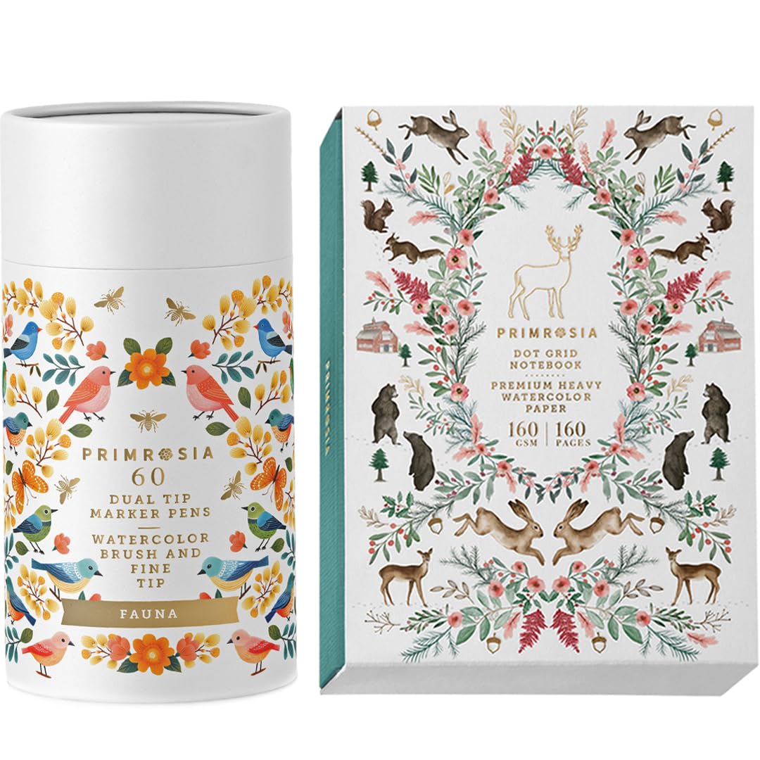 Primrosia Winterwonderland Collection – 'Fauna' 60 Dual Tip Markers + Winter Dot Grid Watercolor Notebook