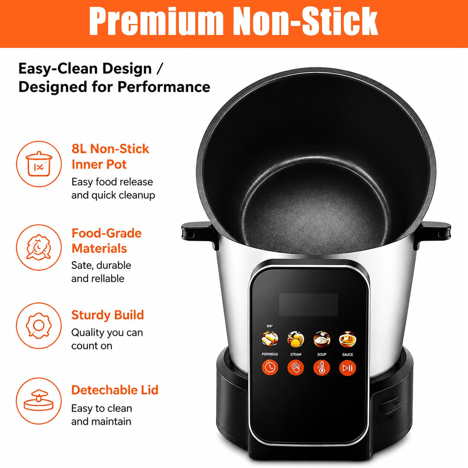 Robot de Cocina automático de 8 L con Revestimiento Antiadherente: Ideal para Preparar *nshima* (Masa de harina), arroz, sopas, Mezclas, Carne picada y Salsas.