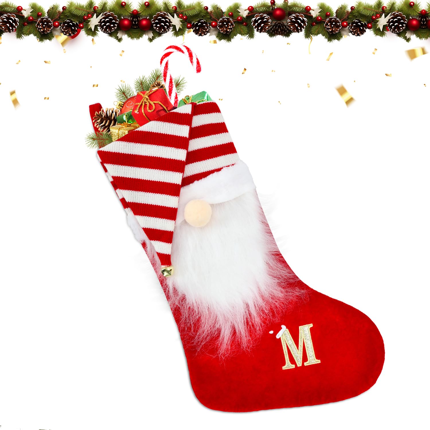 Christmas Stockings, 22inch Personalised Monogram Xmas Stockings, Red Knitted Santa Hat Classic Stockings Stuffers for Xmas Gift Tree Decoration (M)