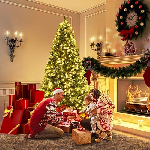 Miniatura 7 de GOFLAME Árbol de Navidad artificial preiluminado de 8 pies con luces LED blancas cálidas y conos de pino, decoración navideña para el hogar