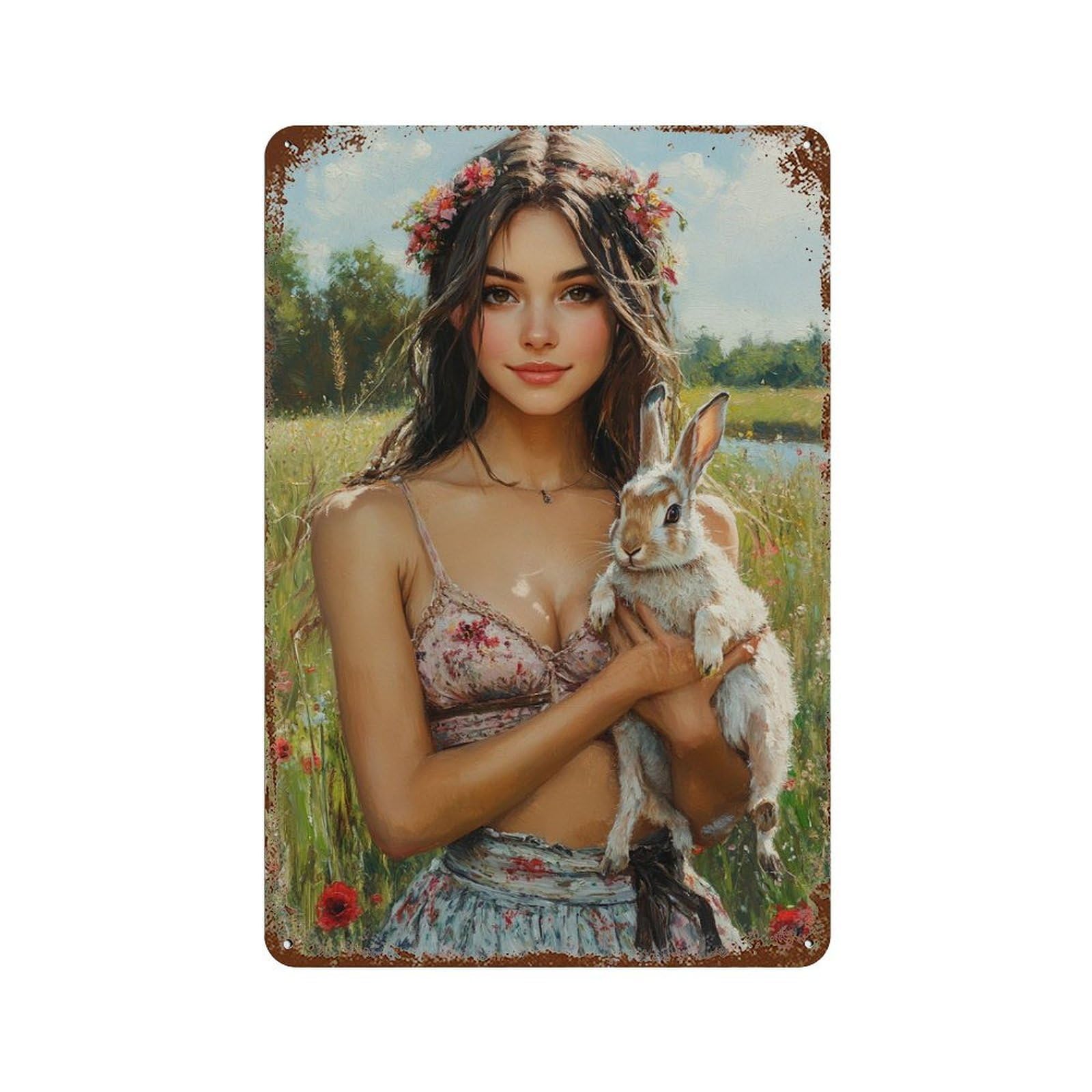 Girl with Rabbit in Field Rustic Tin Plaque 11.8"x7.9", Industrial Home Decor for Pub, Kitchen And Man Cave Decor