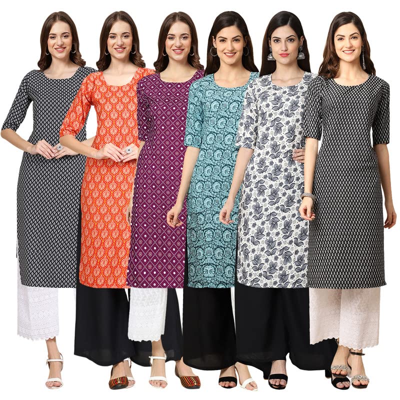 Pinkmint Women's Crepe Digital Print Straight Kurta [Pack Of 6] Multicolour