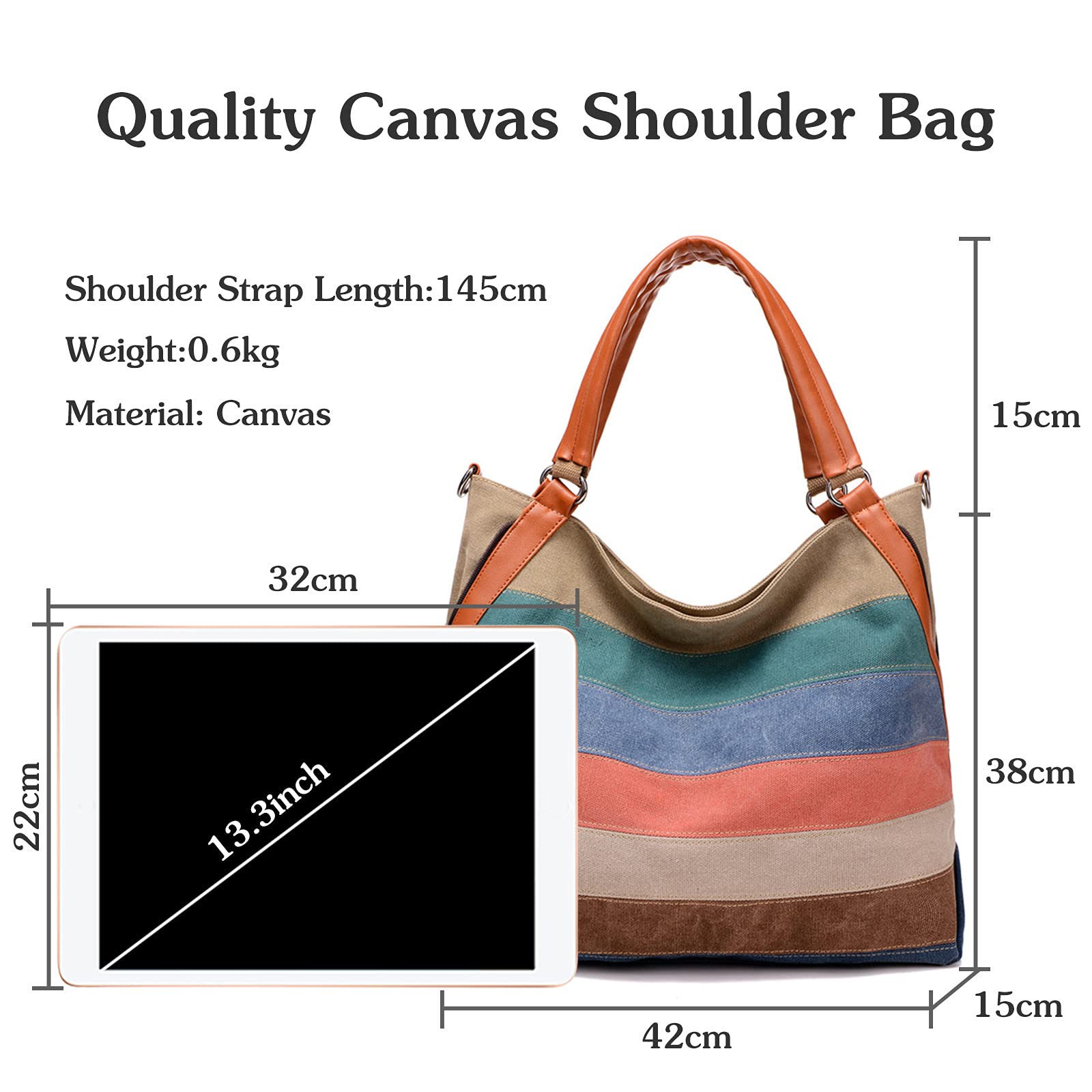 FANDARE Rétro Sacoche Toile Sac a Main Femme Sacs Cabas Portés Epaule Sac D'épaule pour Achats Fête École Voyage Crossbody Bag Rayé Multicolore A