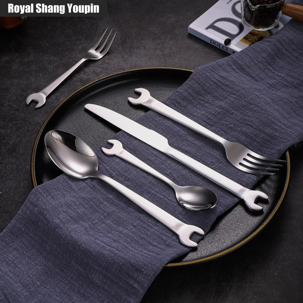 Chiave Unica Maniglia Cucina Acciaio Inossidabile Posate Stoviglie Posate Set Coltello Da Bistecca Forchetta Cucchiaio Cucchiaino (B,24 pezzi)