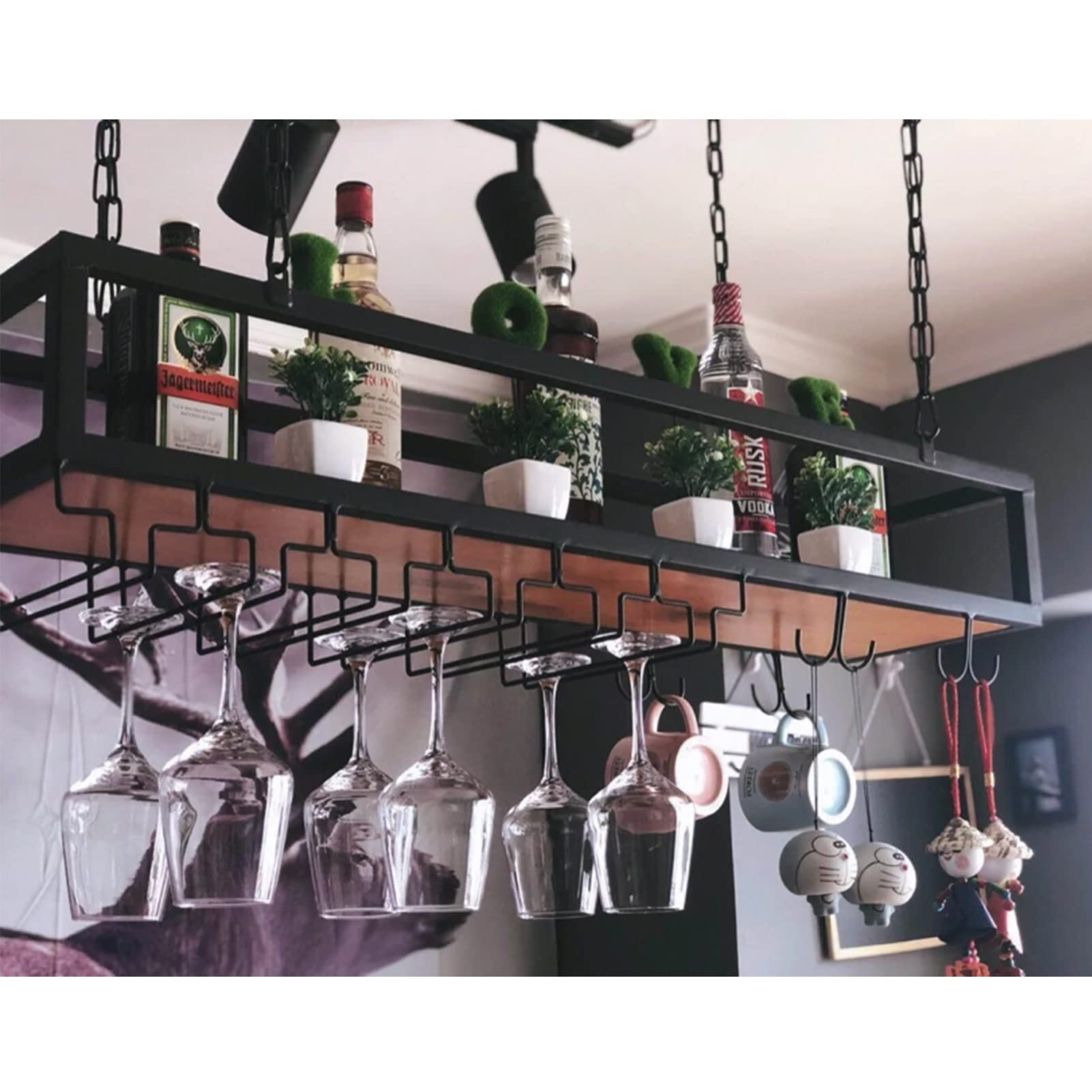 POLGDW Ceiling Mounted Wine Rack & Champagne Glass Holder - Iron Floating Shelf for Home Decor Large Storage(100x25x22cm) - Stylish Wine Bottle Display