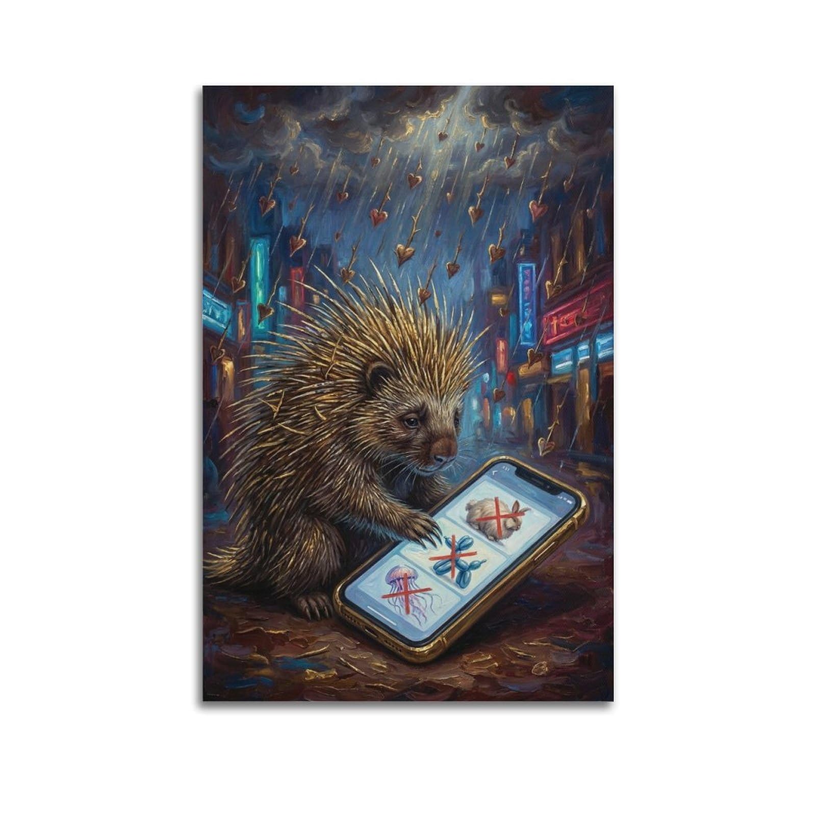 XKUGA Surreal Vintage Animal Poster Hedgehog Dating App Satire Modern Decorative Canvas Prints - Ideal Wall Art for Family, Man Cave, Game Room, Boys & Girls Bedroom 20x30inch(50x75cm)