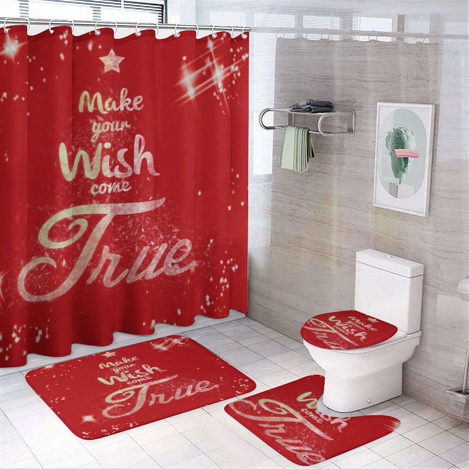 Navidad, Dreams Come True, Text Baño de Cuatro Piezas Tappeto De Baño Absorbente Y Antideslizante, con Material De Diatomita, Ideal para Baños Modernos 183×183cm
